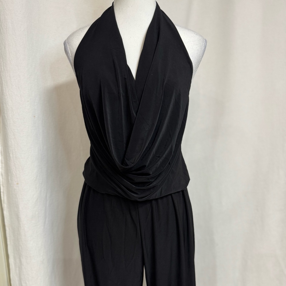 Black Draped Cowl Neck Halter Pants Jumpsuit Elastic Waist Evening Wear 🖤